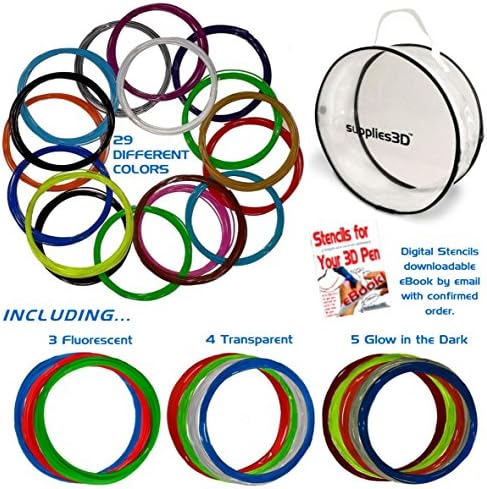 3D Pen Filament Refills - 1.75mm ABS Filament Bundle - 29 Colors Total 435ft Includes Transparent, Fluorescent, Glow in The Dark Colors Plus More! Ebook & Carry case