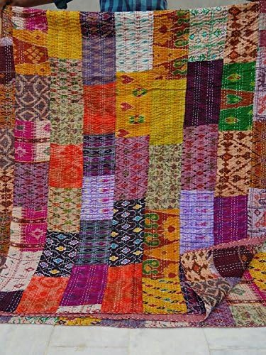 Sovereigns Cotton Antique Design Patola Silk Patch Work King Size Saree Kantha Quilt (Multicolour)