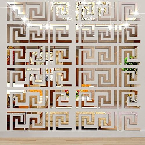 Himerus 40 Pcs Mirror Wall Stickers Vintage Greek Key Geometric Pattern Removable Wall Decals DIY Vinyl Art Wall Sticker Art Home Decoration for Window Bedroom Sitting Room (Silver-40)