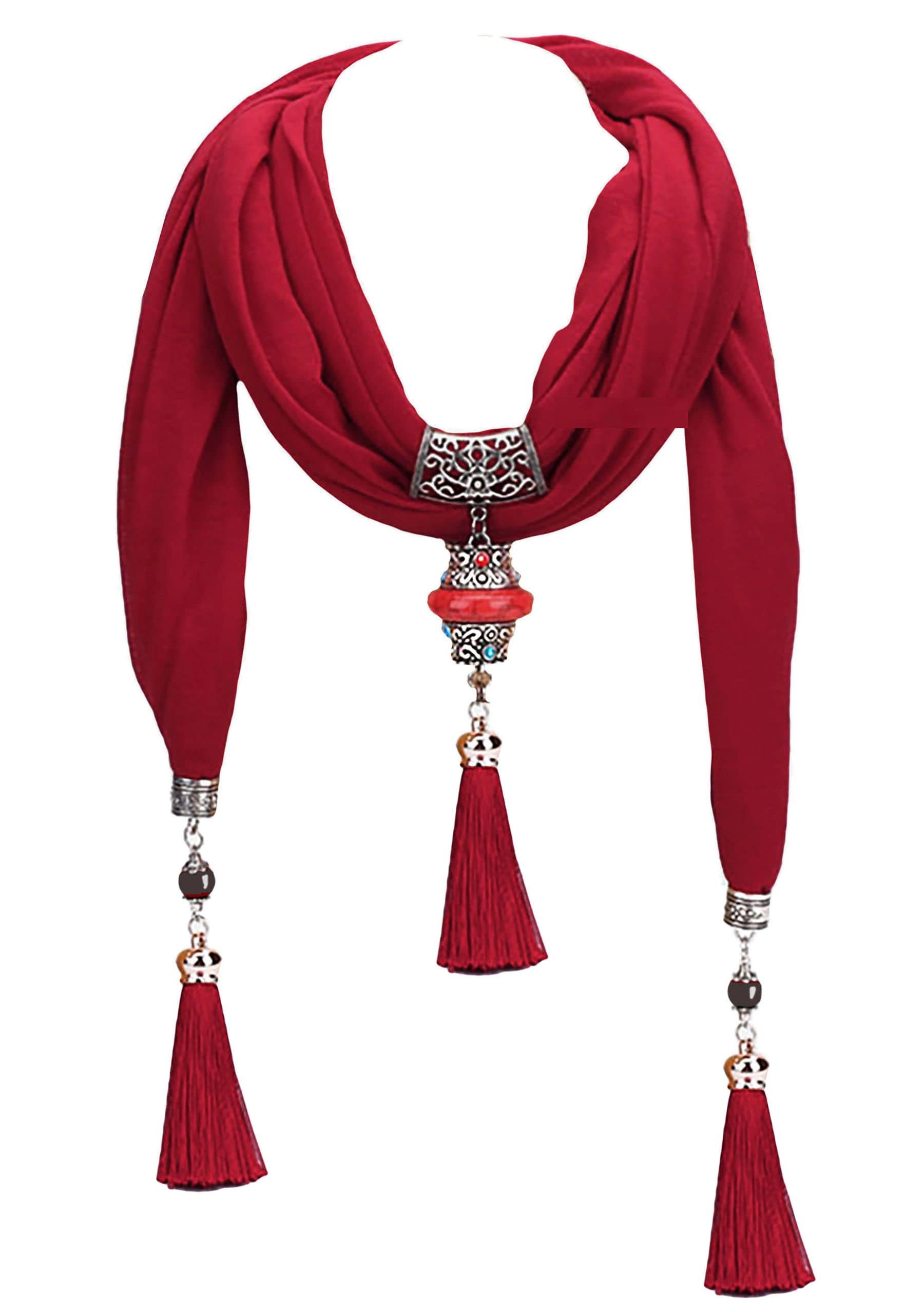 GFM® Women’s Neck Scarf with Pendant – Lightweight Summer & Spring Ladies Jewellery-Style Fashion Accessory-Berry Red- (JWSCF-SS06-BLL)