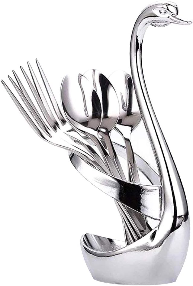 Guizen Stainless Steel Tableware Set Dinnerware Set Swan Base Holder 3 Forks and 3 Spoons with 3 Forks and 3 Spoons Home Kitchen Accessories for Table Elegant Swan Cutlery Holder Racks Set