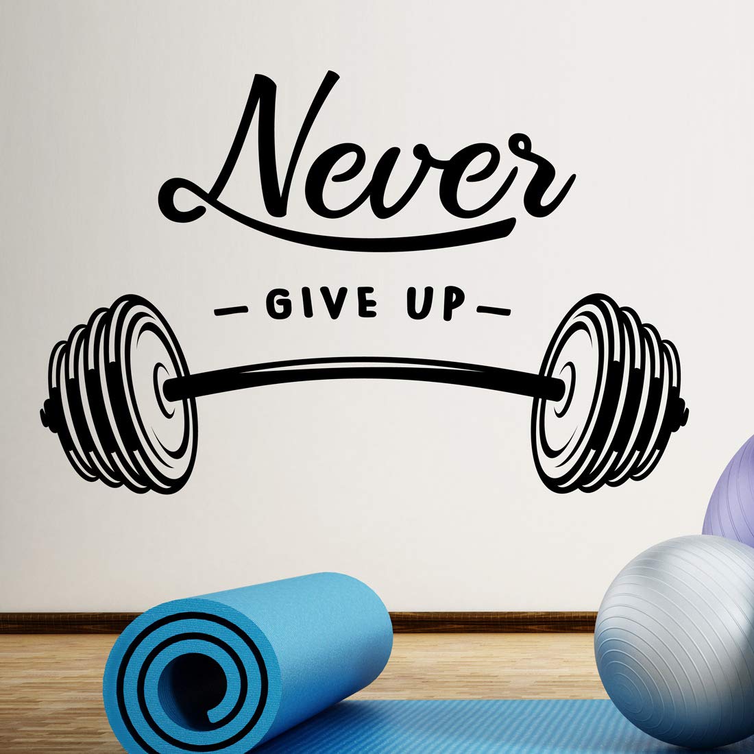 Never Give up Barbell Wall Sticker Home Gym Decal Fitness Motivational Workout Weight Hanging Inspirational Exercise Removable Wording Saying Vinyl Mural DIY Design Interior Training Adhesive Poster