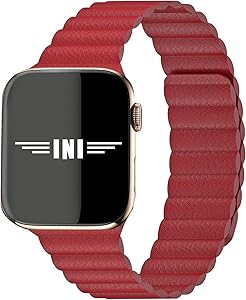 INI Compatible with Apple Watch Band 44mm 42mm Short - Enhanced Adjustable Leather Strap with Magnetic Closure System for iWatch Series SE/6/5/4/3/2/1 - Ruby