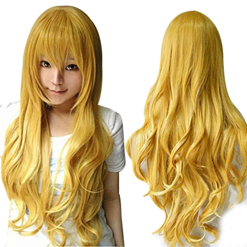 Photo 1 of ANOGOL Hair Cap +32 in/80 cm Yellow Long Wavy Cosplay Wig For Girls Yellow Wavy Cosplay Synthetic Wig Costume For Halloween Party
