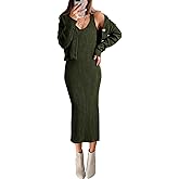 BTFBM Women Fall Knit Sweater Dress Set Bodycon Slit Midi Dresses Button Down Long Sleeve Cropped Cardigan 2 Piece Sets