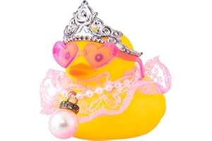 wonuu Car Rubber Duck Decoration Cute Car Accessories Car Ducks for Dashboard with Dress Heart Shape Sunglasses Necklace, Pearl Pendant Chain-Pink Lace