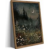 Vintage Moonlit Forest Wall Art Crescent Moon Forest Wildflower Gothic Canvas Prints Landscape Aesthetic Pictures Wall Decor for Living Room Bedroom Offices 12x16 inch Framed