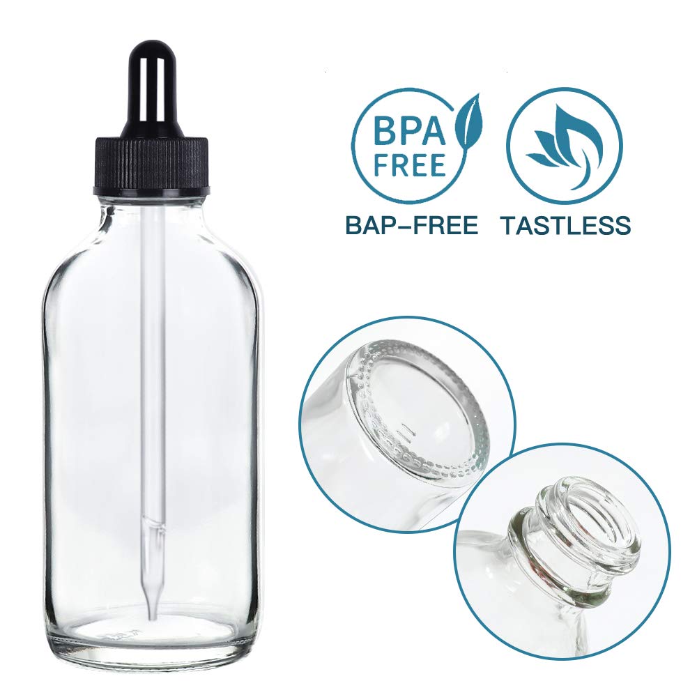 CycleMore 4oz 120ml 6 Pack Clear Glass Boston Bottles with Glass Eye Droppers, Glass Dropper Bottles for Essential Oils & Lab Chemicals & More Liquids (1 Brush, 2 Funnels and 12 Labels Included): Industrial & Scientific