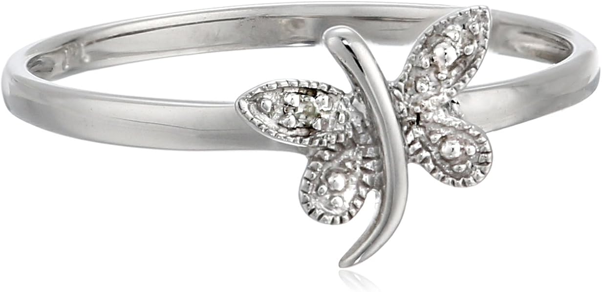 10k White Gold Dragonfly Ring with DiamondAccent, (0.004