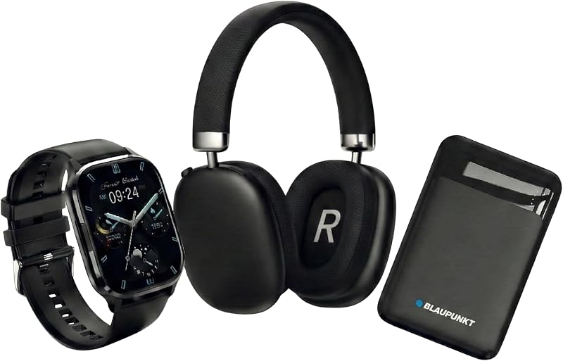 3-in-1 Set: Smartwatch Damen & Herren mit Bluetooth Anrufen + Over Ear Kopfhörer Bluetooth Noise Cancelling + Mini Powerbank 5000mAh USB-C Power Bank