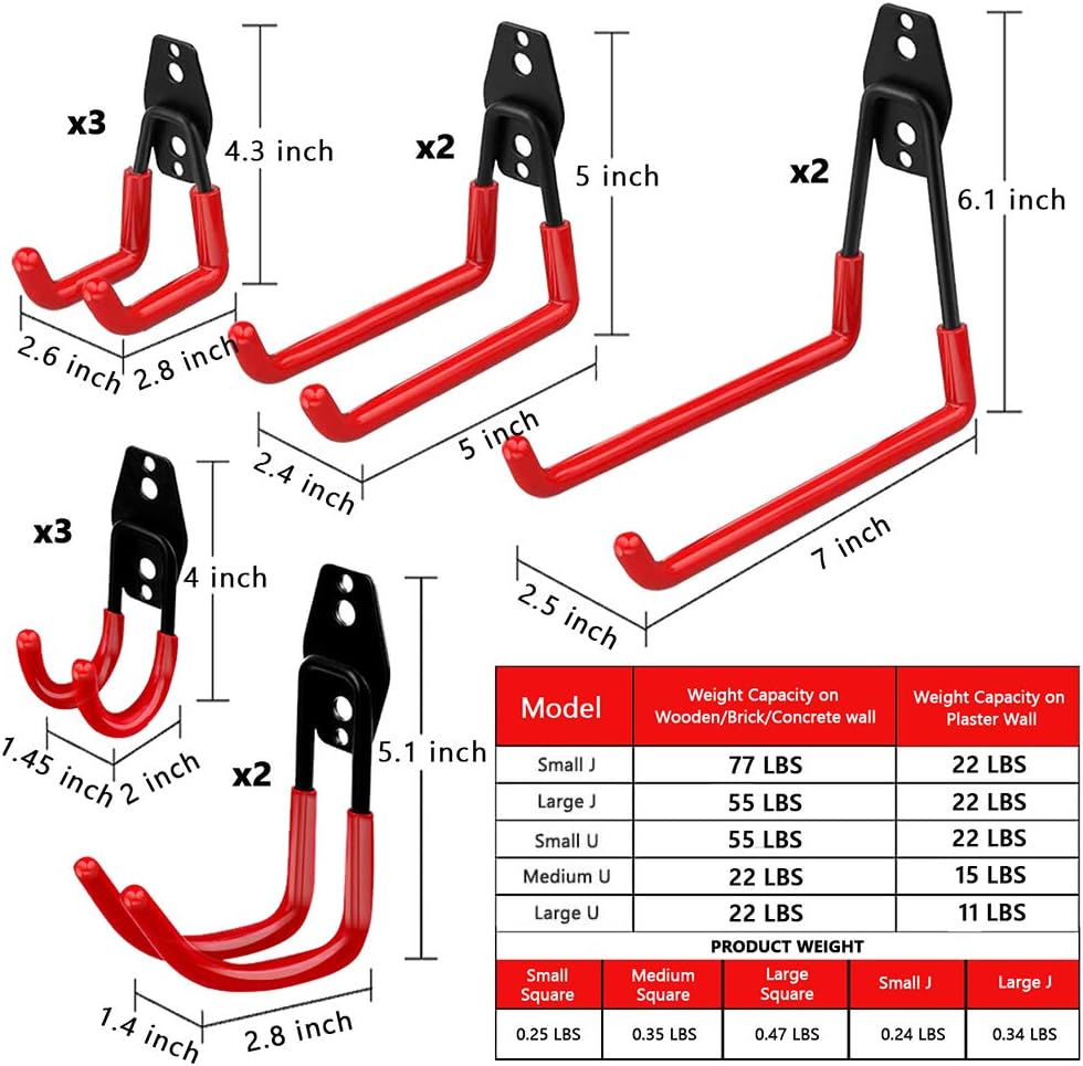 Garage Hooks, 12 Pack Heavy Duty Garage Storage Hooks Steel Tool Hangers for Garage Wall Mount Utility Hooks and Hangers with Anti-Slip Coating for Garden Tools Organizer, Ladders, Bikes, Bulky Items - - 