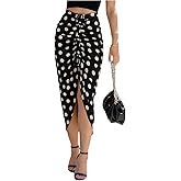 Floerns Women's Polka Dots Drawstring Skirt Ruched Split Front Bodycon Midi Skirts