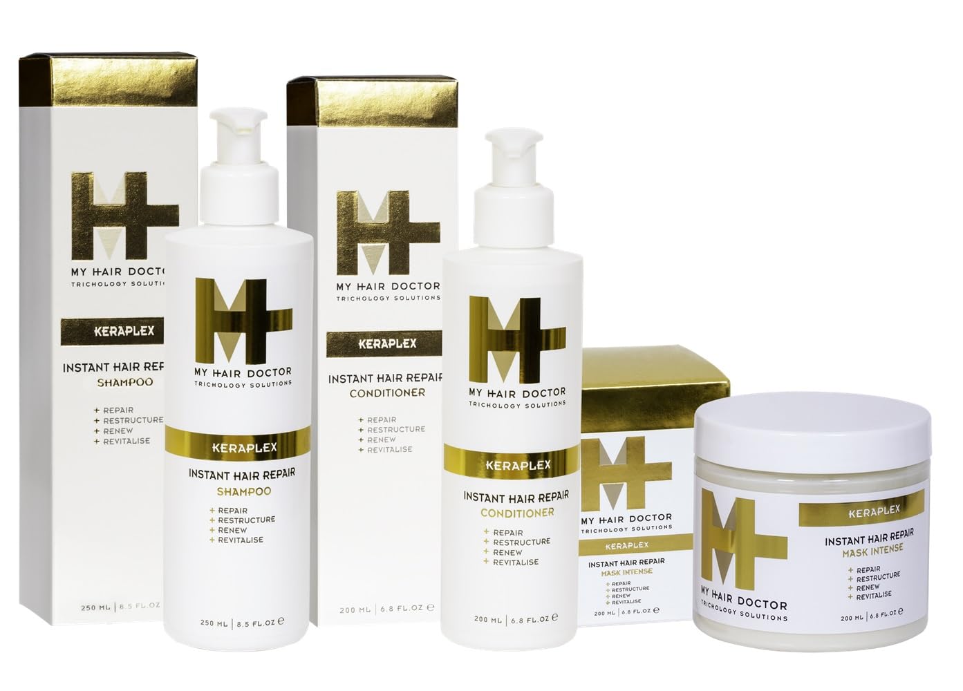 MHD Keraplex Instant Hair Repair Trio Pack for Dry, Brittle Hair - Repairing Hair Shampoo (250ml), Strengthening Conditioner (200ml) & Hydrating Hair Mask Intense (200ml) - 3 Pack