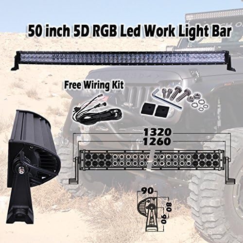 OHMU 5D 480W 50 Inch RGB Cree Led Work Light Bar APP Bluetooth Control Strobe Multicolor Spot Flood Combo Beam (50 Inch)