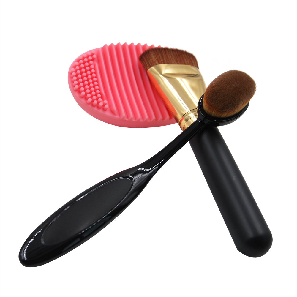 eNilecor Flat Contour Makeup Brush,Oval Makeup Brush Cosmetic Foundation Cream Powder Blusher Toothbrush Curve Foundation Brush & Glove MakeUp Washing Cleaning Brush Scrubber Board (3PCS)