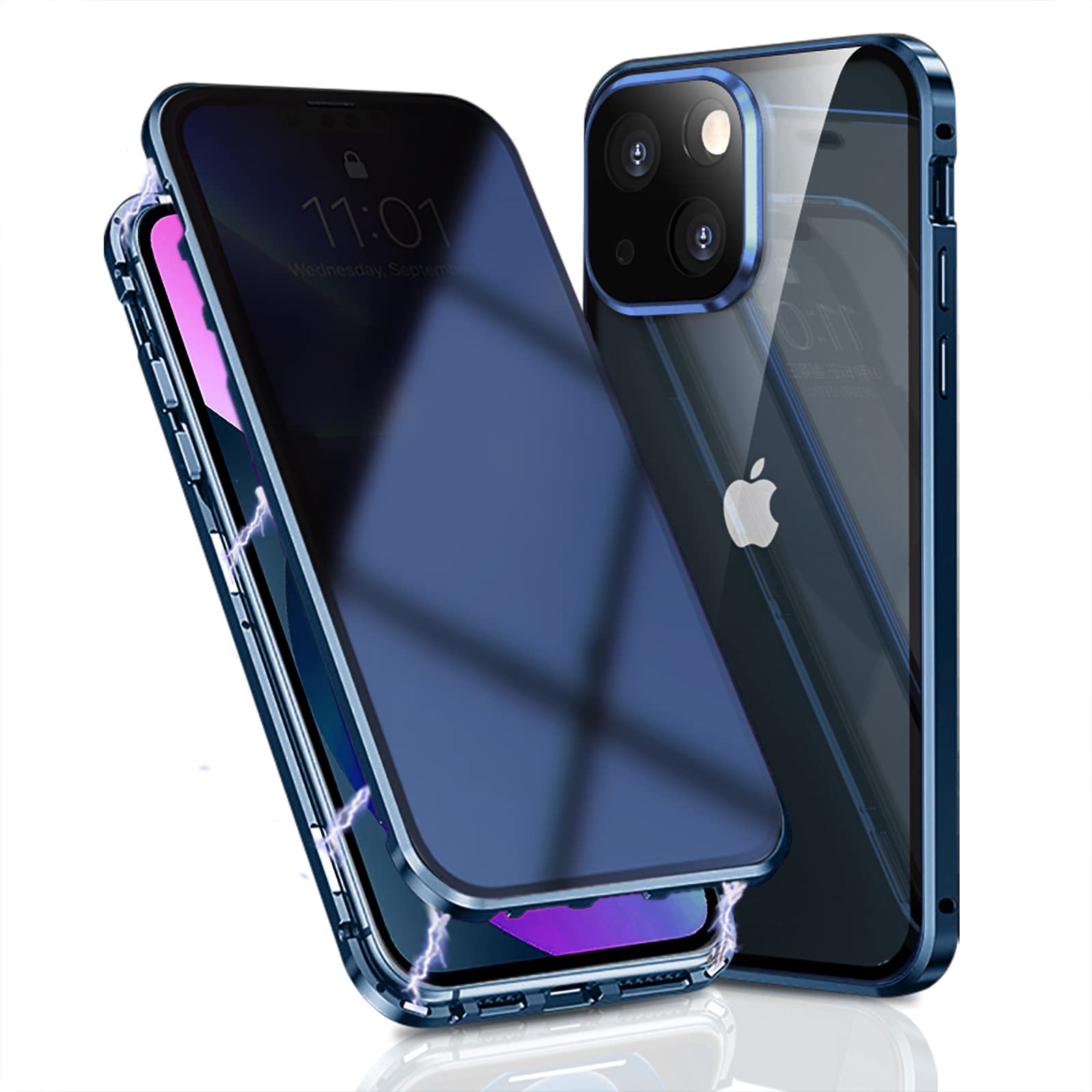 OMGZONE Privacy Case for iPhone 13 Magnetic Cover,Screen Protector built-in Anti-peep Tempered Glass Full Cover with Camera Protector,360 Degree Metal Bumper Case for iPhone 13,Blue — image 1