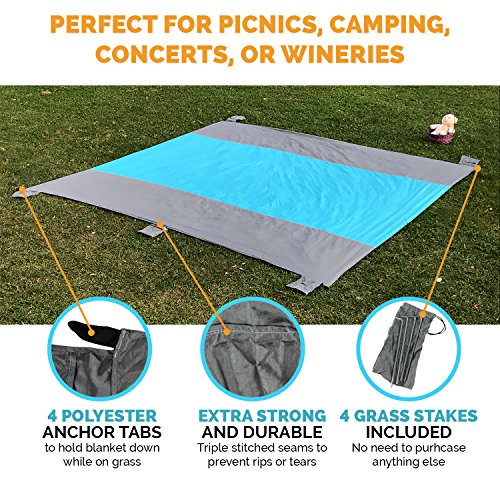 Kore Beach Blanket, Family Size 10'x9', 5 Sand Pockets+4 Anchor Loops&Stakes, Made with Durable 100% Nylon Water Proof, Lightweight, Portable Mat -Durable,Completely Sand Proof - Thumbnail 6