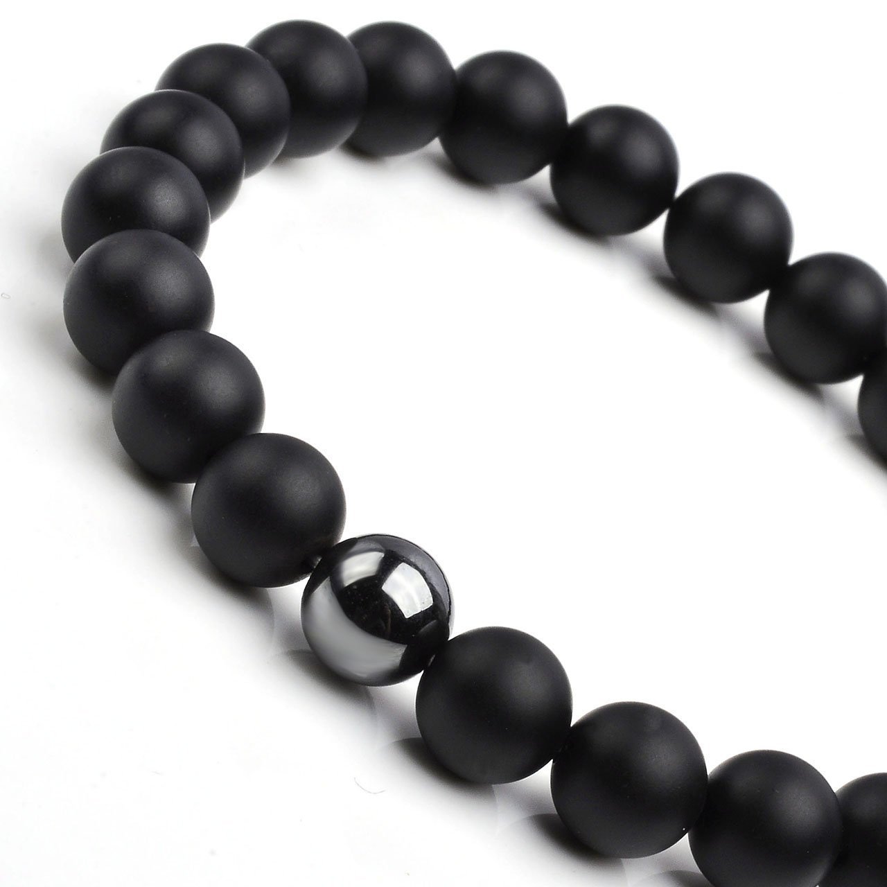 JSDDE Armbanduhr Set,Japanische Uhrwerk Lederband Schwarz Uhr+Armband Unisex 8MM Matte Schwarz Achat Magnet Stein Armreif