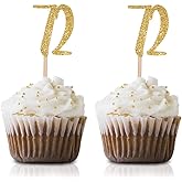 Gold Happy 72nd Birthday Cupcake Topper, 24-Pack Number 72 Glitter Birthday Party Cupcake Toppers, Decorations