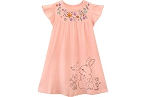 HILEELANG Little Girls Short Sleeve Dresses Easter Summer Cotton Casual Skater Swing Twirly Sundress