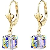 Austrian Crystal Cube Drop Earrings for Women Leverback Dangle Earrings 14K Gold Plated Hypoallergenic Jewelry