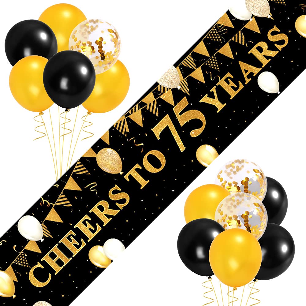 75th Birthday Decorations - 'Cheers To 75 Years' Gold and Black Fabric Photo Backdrop Banner With Latex and Confetti Balloons - Party Decorations for Women, Men