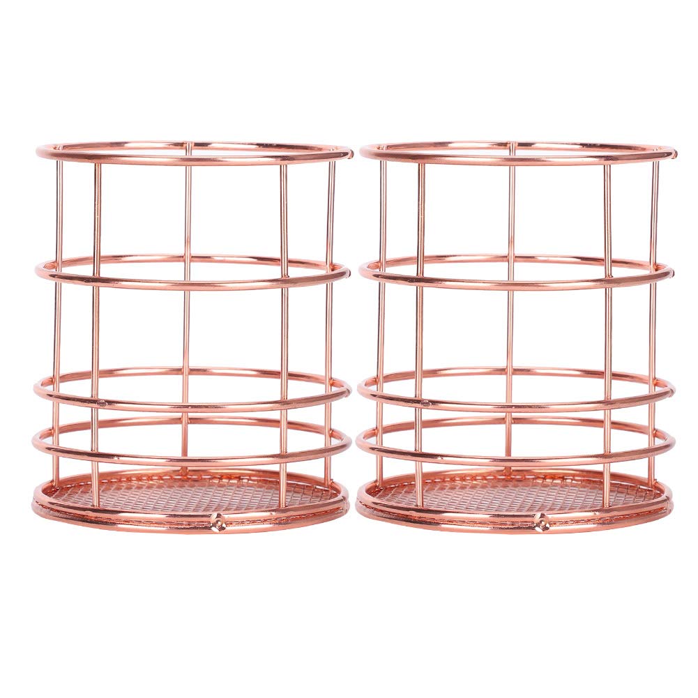 Pssopp 2Pcs Round Hollow Pen Holder Rose Gold Desktop Pencil Storage Grid Basket Metal Mesh Makeup Organizer Box for Office Home Desktop use