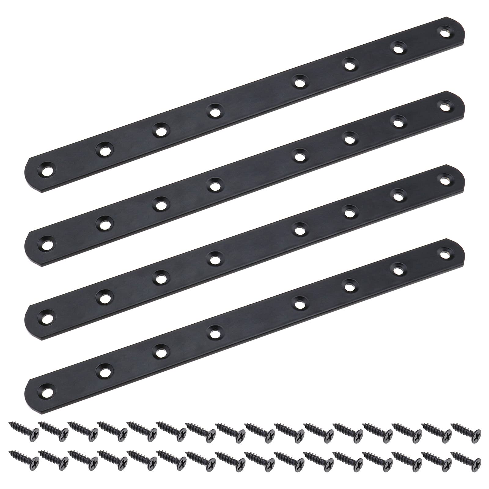 eMagTech 4Pcs Flat Braces Straight Corner Brackets with 32 Screws Metal Fixing Flat Brackets Bar Connector for Repair Fixing Wood Furniture Bookshelf Table Black