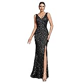 Elegant Long Sequin Formal Dress V-Neck Slit Design, Stretchy Fitted Glamorous
