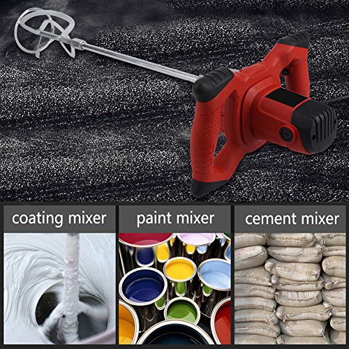 Liusin Electric Concrete Mixer Handheld 1500W Adjustable 7 Speed Heavy Duty Mortar Cement Mixer with Mixing Paddle for Thinset Grout and Mortar AC 110V (Red)