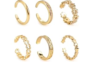 6pcs Gold-Colored Toe Rings for Women, Adjustable Flower Star Heart CZ Dainty Toe Rings Summer Beach Open Foot Jewelry