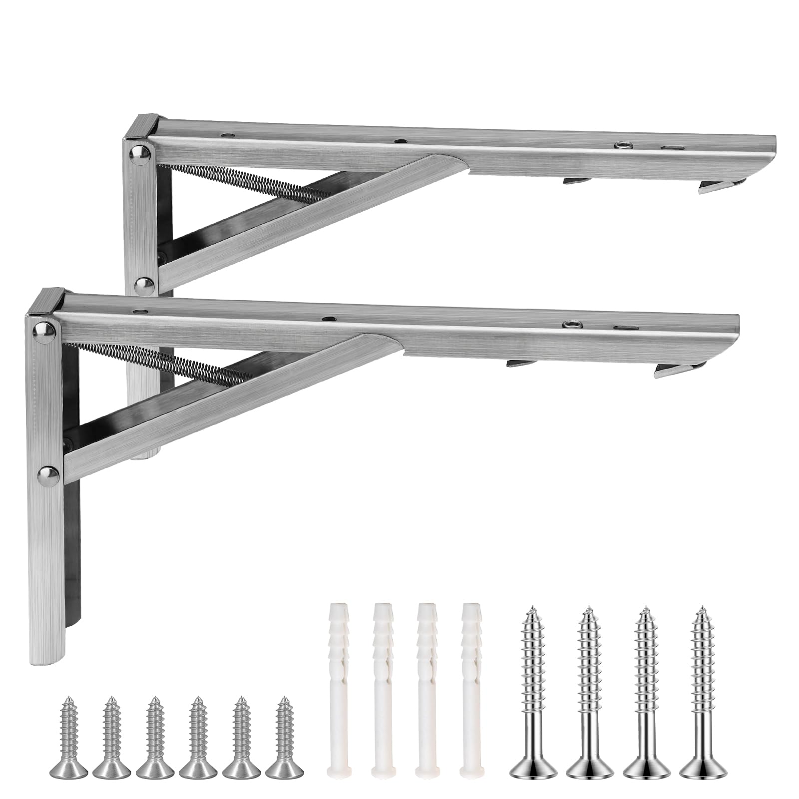Fatiya 2 Pack Stainless Steel Folding Shelf Brackets, 10 Inch Folding Table Brackets Heavy Duty, Countertop Extension Fold Down Up to 300 lbs for Wall Mounting