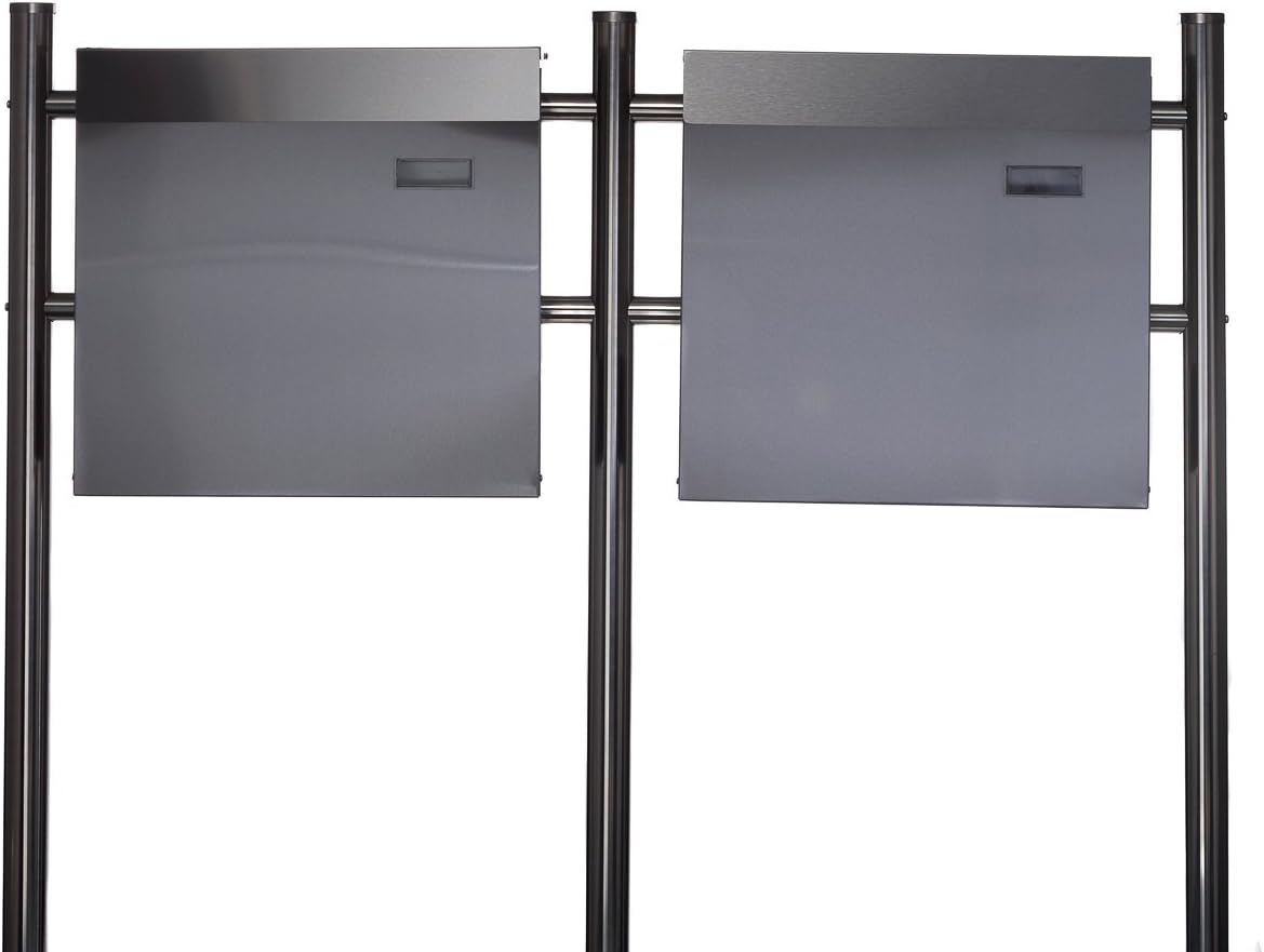 Sarah B Design Doppel Briefkastenständer Set (Ständer und 2 Briefkästen mit Zeitungsfach) Edelstahl 120 cm hoch in Silber.HPB38254 + HPB933, Briefkastenanlage Rostfrei