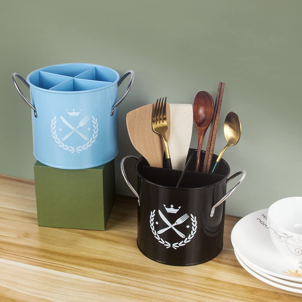 Hosoncovy Metal Cutlery Drying Holder Cutlery Drainer Tableware Holder Box Tabletop Separated Fork Chopstick Kitchen Storage Cutlery Organizer Utensil Holder (Black)