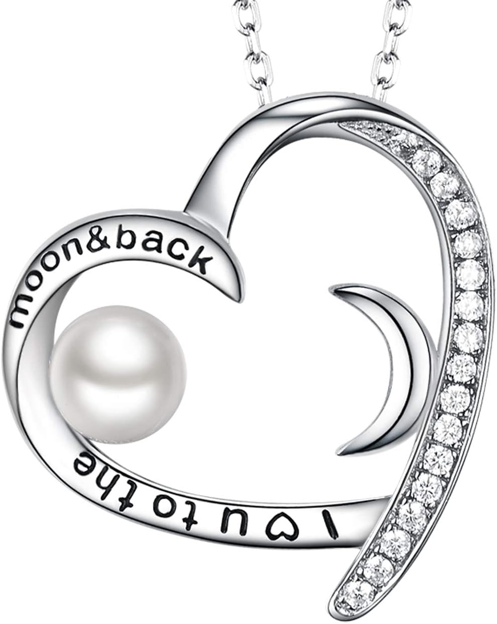 White Pearl Jewelry for Women Birthday Gifts I Love You to the Moon and Back Necklace Sterling Silver Love Heart Fine Jewelry