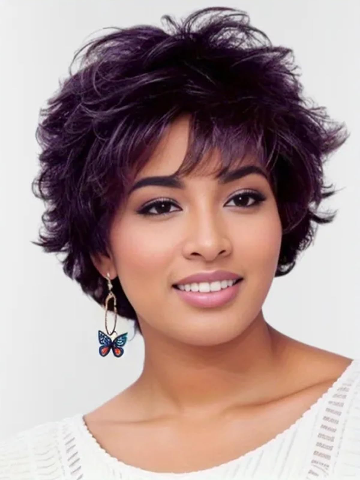 Photo 1 of TISHINING Short Purple Pixie Cut Wigs for White Women with Bangs Layered Ombre Purple Mixed Black Curly Wig Natural Looking Synthetic Short Hair Wigs for Cosplay Party Use