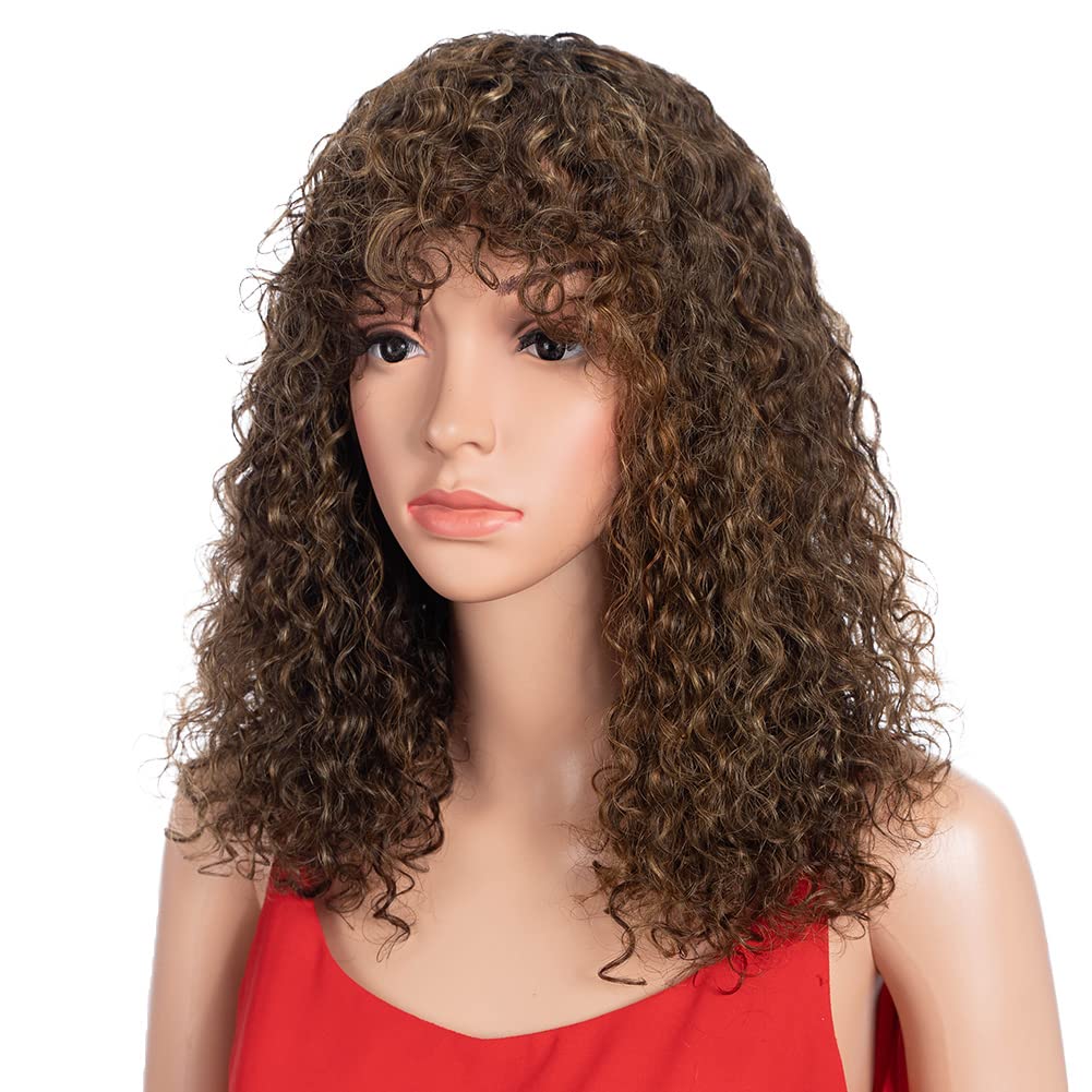Spotlight Short Kinky Curly Wigs 14 inch Bob Loose Wave Human Hair Wigs for Women Brazilian Virgin Human Hair Wigs with Bangs Natural Looking (Ombre Brown, P4/30/27 Color)