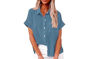 HTHLVMD Womens Cotton Linen Button Down Shirt 2024 Casual Short Sleeve Solid Color Shirt Loose Work Tops with Pockets