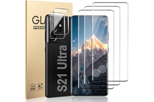 AFSKU 3+2 Pack S21 Ultra Glass Screen Protector, HD Clear 9H Tempered Glass Scratch Resistant, Fingerprint Unlock, 3D Curved, Bubble-Free for Samsung Galaxy S21 Ultra Glass Screen Camera Protector(6.8 Inch)