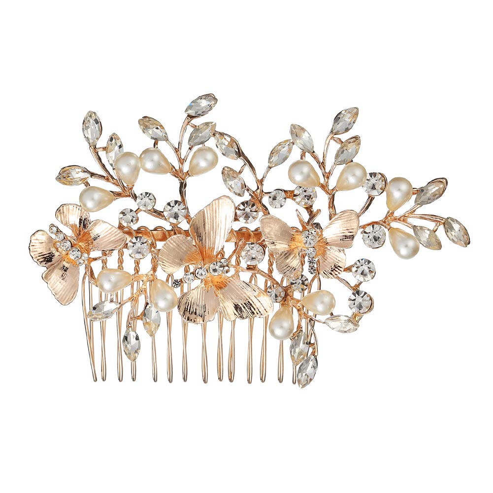 Kercisbeauty Bridal Wedding Light Champagne Hair Comb Headpiece Butterflies Crystal Hair Accessories for Women and Girls