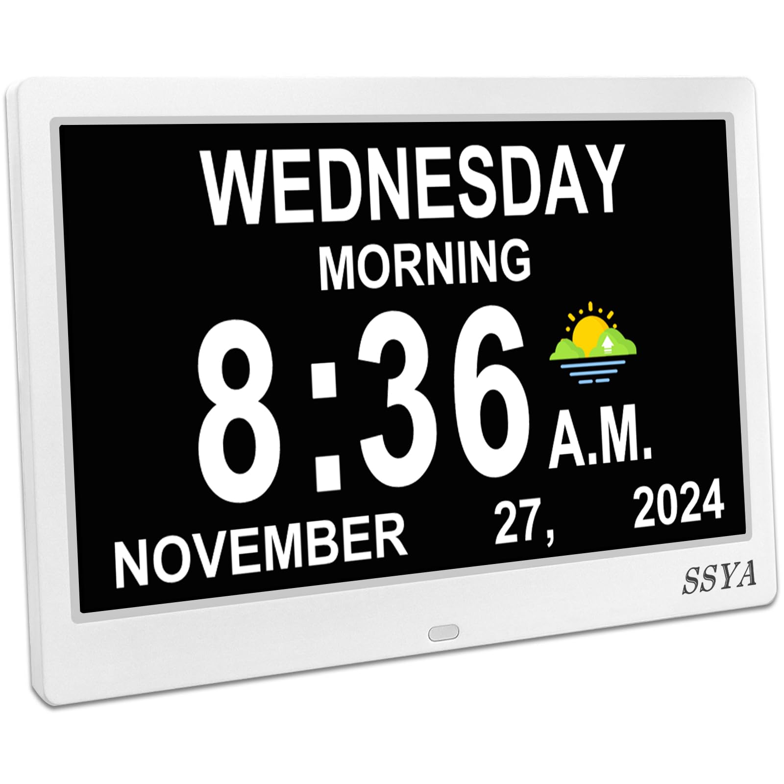 SSYA Dementia Clock for Seniors, Digital Clock with Date and Day of Week, Auto DST, Non-Abbreviated Large Calendar Alarm Clocks (White)