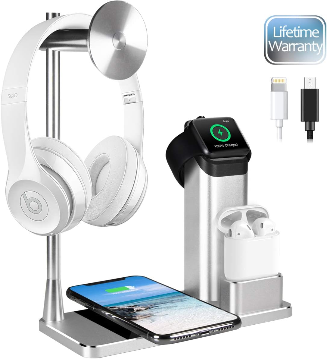 JingooBon Wireless Charging Station for iPhone 11 Pro Max/11 Pro/11/Xs Max/Xs/XR/X/8/8 Plus, 4 in 1 10W Fast Charger Stand with Headphones Holder Compatible with Apple Watch, AirPods, Earphones