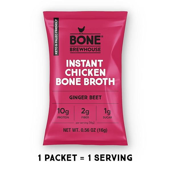 BONE BREWHOUSE – CHICKEN BONE BROTH PROTEIN POWDER – GINGER BEET FLAVOR – KETO & PALEO FRIENDLY – INSTANT SOUP BROTH – 10G PROTEIN – NATURAL COLLAGEN, GLUTEN-FREE & DAIRY FREE – 5 INDIVIDUAL PACKETS