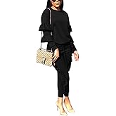 KANSOON Women 2 Pieces Outfits Puff Sleeve Top and Long Flounced Pants Sweatsuits Set Tracksuits