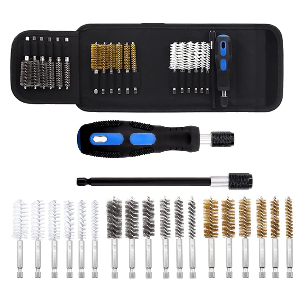 18 Pieces Wire Wheel Brush Attachment Drill Set, 1/4" Hex Twist Wire Brush Cleaning & Rust Remover Set Stainless Steel, Brass, Nylon with Handle, Extension Bar Drill Bore Cleaning Brushes