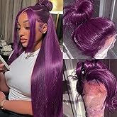 JHXAYW Purple Synthetic Lace Front Wig For Woman Wear And Go Glueless Wig Pre Plucked HD Transparent Lace Wig