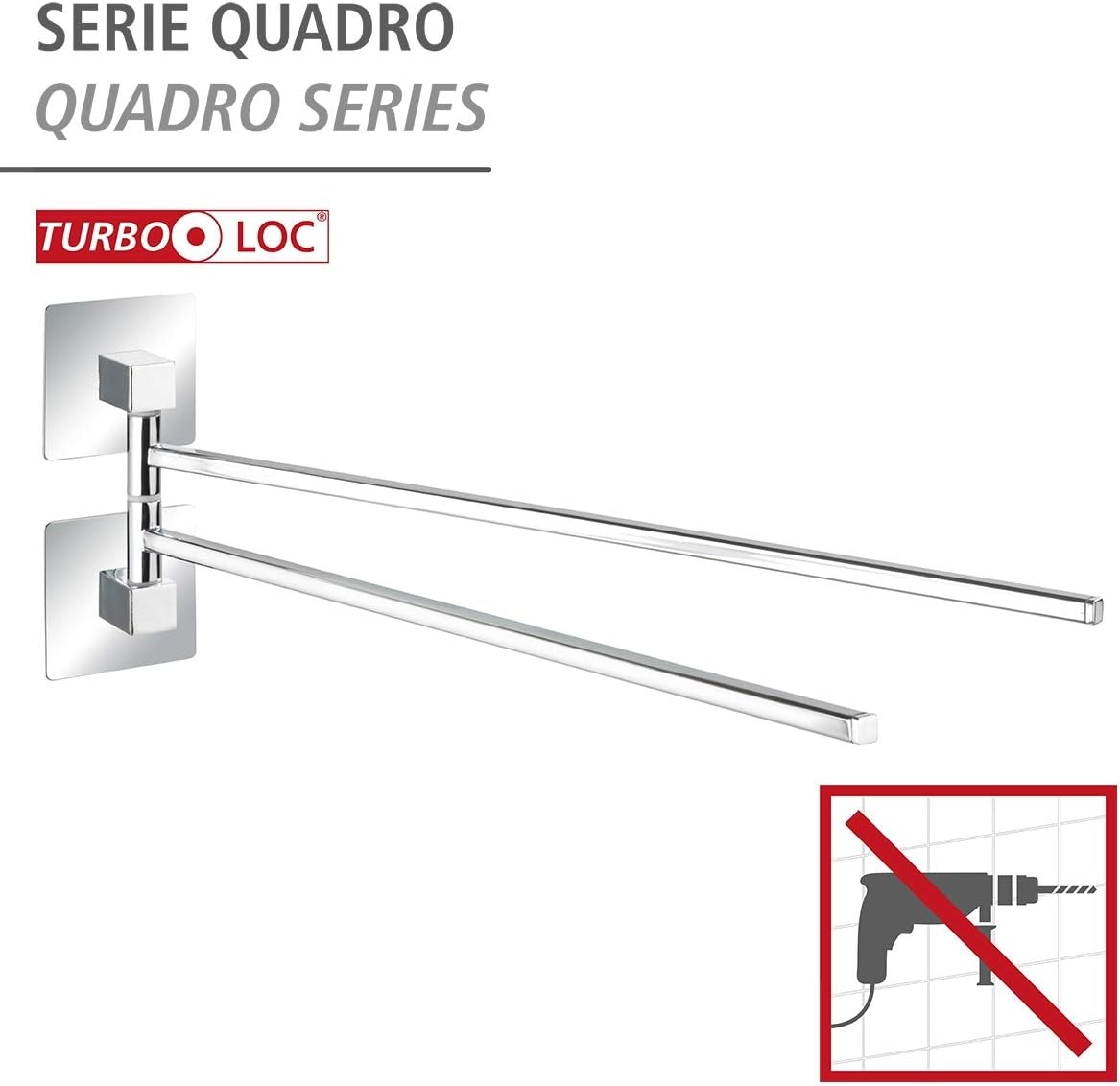 WENKO Turbo-Loc® Quadro Stainless Steel Towel Rail with 2 Arms, No Drilling Required, Rustproof Stainless Steel - Image 3