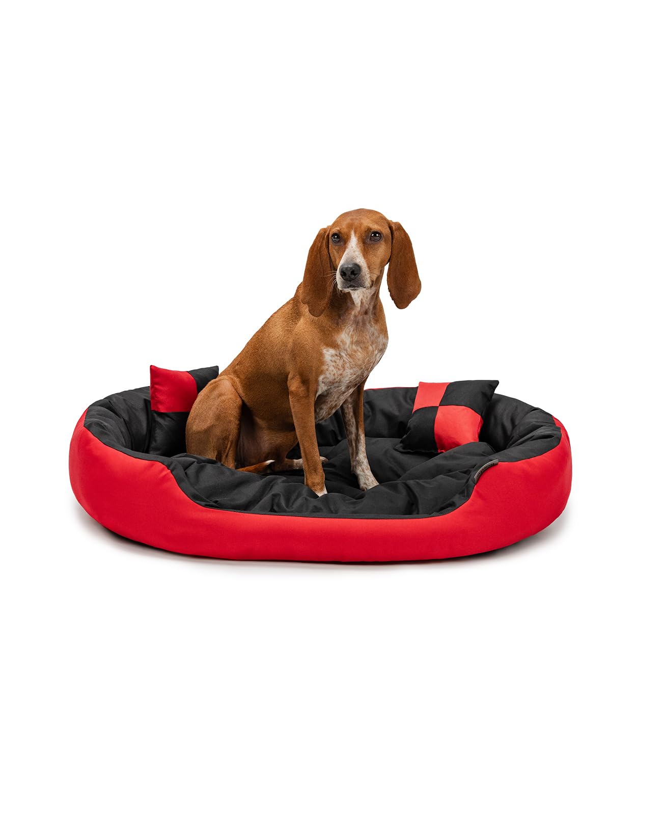 lionto Dog bed 4-in-1 with reversible cushion in Oxford, 85x70 cm, scratch-resistant pet bed with deep entry for cats and dogs, incl. decorative pillow, water-repellent, red/black