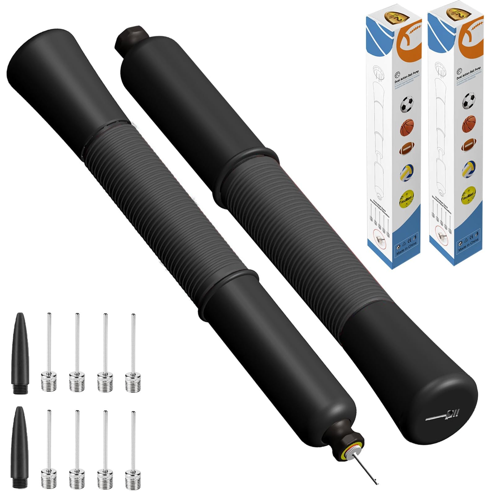 Ball Pump with Needle Storage(Never Lose Pin) Football Pump with 5 Needles and Extendable Cable, Soccer Football, Volleyball Rugby Ball Inflator - Great for All Balls - 2 Pack