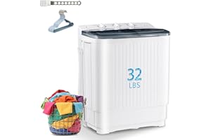 DollarDash Portable Mini Twin Tub 32lbs Washing Machine With Drying Rack& 10 Hangers, 20lbs Washer & 12lbs Spinner, Small Laundry Washer with Time Control for Camping, Apartments, RV (32lbs)
